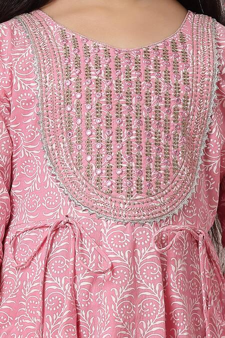 Buy_Petite Pomme_Pink Cotton Embroidery Printed Anarkali And Trouser Set _Online_at_Aza_Fashions