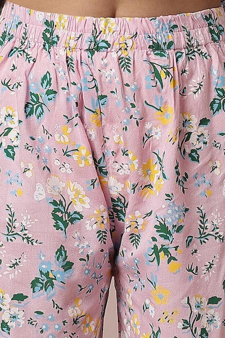 Petite Pomme Pink Cotton Embroidery Floral Print Anarkali And Trouser Set at Aza Fashions Petite Pomme_Pink Cotton Embroidery Floral Print Anarkali And Trouser Set _at_Aza_Fashions