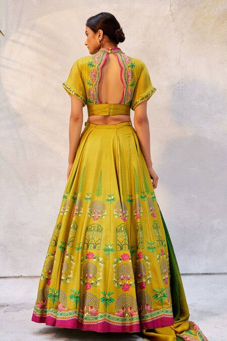 Basil Leaf_Yellow Chiffon, Tussar Embroidery, Mirrors Scoop Neck Citrin Lehenga Set _Online_at_Aza_Fashions