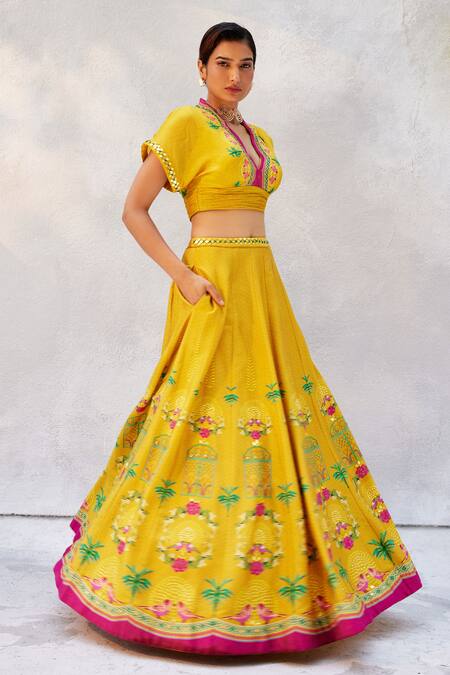 Basil Leaf Gold Chiffon, Tussar Mirrors, Palace Garden Pattern Embroidered Lehenga Set Online at Aza Fashions Basil Leaf_Gold Chiffon, Tussar Mirrors, Palace Garden Pattern Embroidered Lehenga Set_Online_at_Aza_Fashions