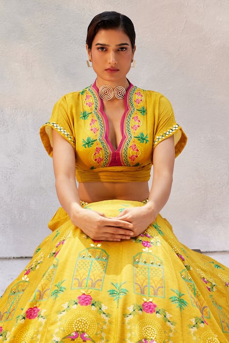 Buy Basil Leaf Gold Chiffon, Tussar Mirrors, Palace Garden Pattern Embroidered Lehenga Set Online at Aza Fashions Buy_Basil Leaf_Gold Chiffon, Tussar Mirrors, Palace Garden Pattern Embroidered Lehenga Set_Online_at_Aza_Fashions