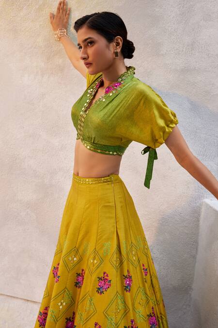 Basil Leaf Yellow Satin, Tussar Mirrors V-neck Floral Pattern Embroidered Lehenga Set Online at Aza Fashions Basil Leaf_Yellow Satin, Tussar Mirrors V-neck Floral Pattern Embroidered Lehenga Set_Online_at_Aza_Fashions