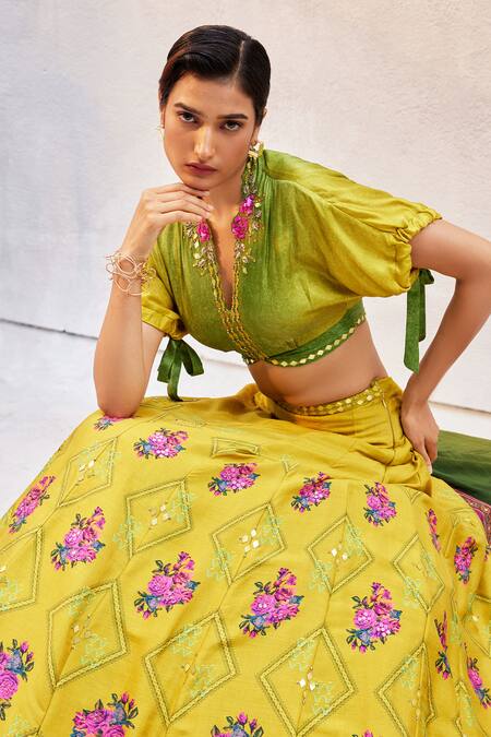 Buy Basil Leaf Yellow Satin, Tussar Mirrors V-neck Floral Pattern Embroidered Lehenga Set Online at Aza Fashions Buy_Basil Leaf_Yellow Satin, Tussar Mirrors V-neck Floral Pattern Embroidered Lehenga Set_Online_at_Aza_Fashions