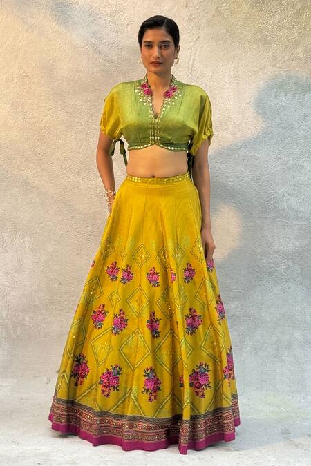 Shop Basil Leaf Yellow Satin, Tussar Mirrors V-neck Floral Pattern Embroidered Lehenga Set Online at Aza Fashions Shop_Basil Leaf_Yellow Satin, Tussar Mirrors V-neck Floral Pattern Embroidered Lehenga Set_Online_at_Aza_Fashions