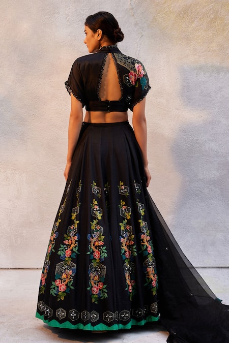Basil Leaf_Black Satin, Tussar, Silk Mirrors Collared Floral Embroidered Lehenga Set _Online_at_Aza_Fashions