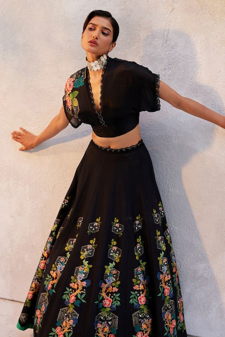 Buy_Basil Leaf_Black Satin, Tussar, Silk Mirrors Collared Floral Embroidered Lehenga Set _Online_at_Aza_Fashions