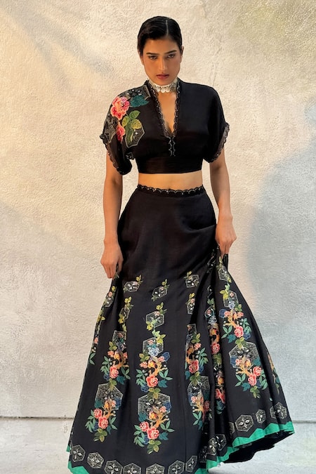 Shop_Basil Leaf_Black Satin, Tussar, Silk Mirrors Collared Floral Embroidered Lehenga Set _Online_at_Aza_Fashions