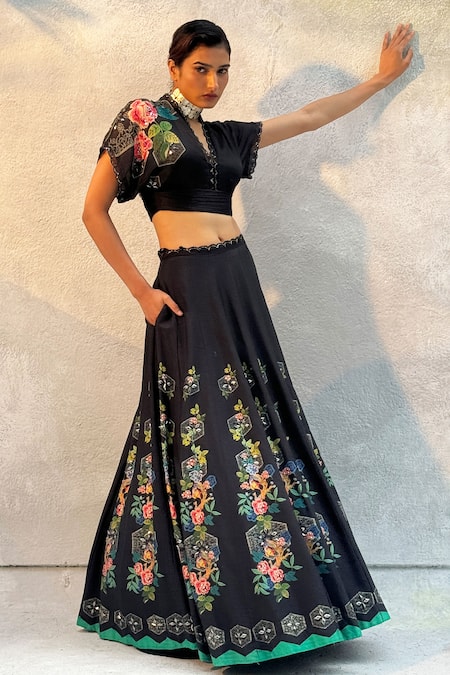 Basil Leaf_Black Satin, Tussar, Silk Mirrors Collared Floral Embroidered Lehenga Set _at_Aza_Fashions
