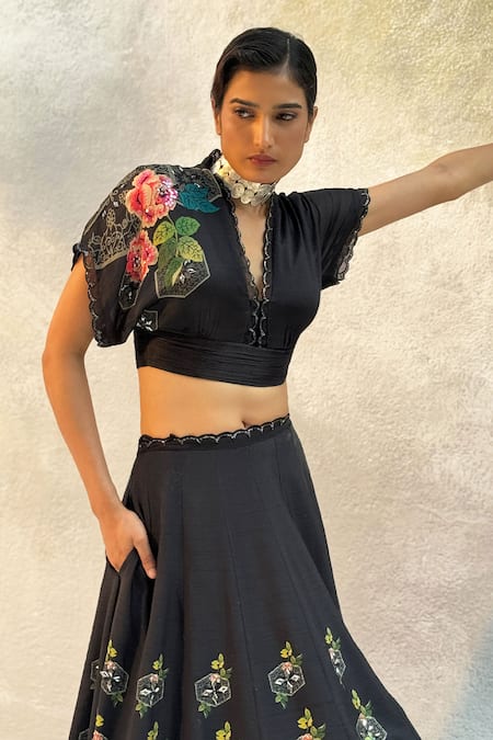 Buy_Basil Leaf_Black Satin, Tussar, Silk Mirrors Collared Floral Embroidered Lehenga Set 