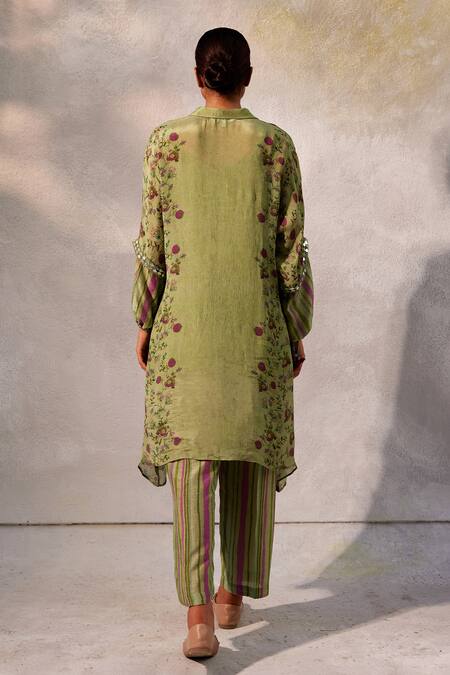 Shop Basil Leaf Green Chiffon, Linen Mirrors Collared Floral Pattern Asymmetric Tunic Set at Aza Fashions Shop_Basil Leaf_Green Chiffon, Linen Mirrors Collared Floral Pattern Asymmetric Tunic Set_at_Aza_Fashions