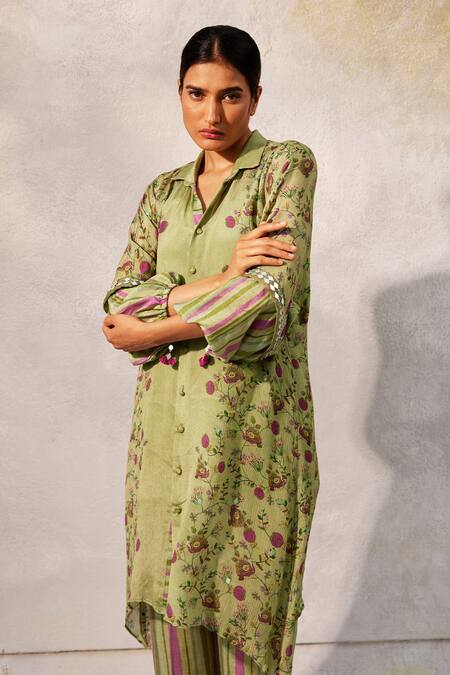 Basil Leaf Green Chiffon, Linen Mirrors Collared Floral Pattern Asymmetric Tunic Set Online at Aza Fashions Basil Leaf_Green Chiffon, Linen Mirrors Collared Floral Pattern Asymmetric Tunic Set_Online_at_Aza_Fashions