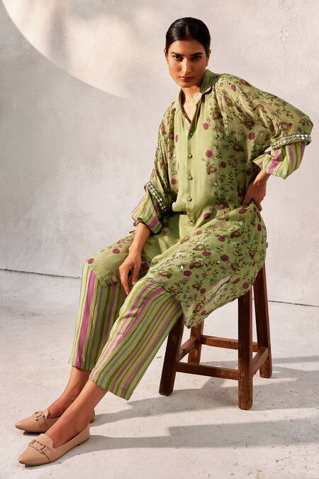 Buy Basil Leaf Green Chiffon, Linen Mirrors Collared Floral Pattern Asymmetric Tunic Set Online at Aza Fashions Buy_Basil Leaf_Green Chiffon, Linen Mirrors Collared Floral Pattern Asymmetric Tunic Set_Online_at_Aza_Fashions
