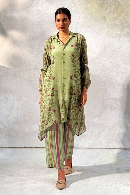 Basil Leaf Green Chiffon, Linen Mirrors Collared Floral Pattern Asymmetric Tunic Set at Aza Fashions Basil Leaf_Green Chiffon, Linen Mirrors Collared Floral Pattern Asymmetric Tunic Set_at_Aza_Fashions