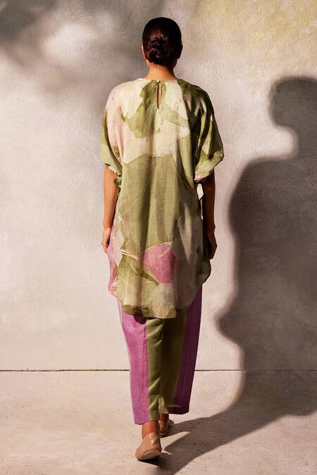 Shop Basil Leaf Green Linen, Silk Embroidery, Mirrors V-neck Neckline Tunic And Pant Set at Aza Fashions Shop_Basil Leaf_Green Linen, Silk Embroidery, Mirrors V-neck Neckline Tunic And Pant Set_at_Aza_Fashions