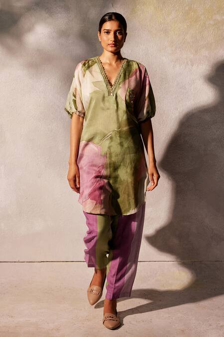Basil Leaf Green Linen, Silk Embroidery, Mirrors V-neck Neckline Tunic And Pant Set Online at Aza Fashions Basil Leaf_Green Linen, Silk Embroidery, Mirrors V-neck Neckline Tunic And Pant Set_Online_at_Aza_Fashions
