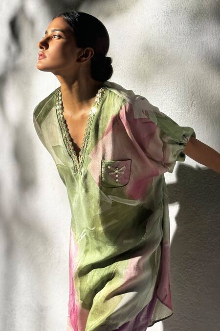 Buy Basil Leaf Green Linen, Silk Embroidery, Mirrors V-neck Neckline Tunic And Pant Set Online at Aza Fashions Buy_Basil Leaf_Green Linen, Silk Embroidery, Mirrors V-neck Neckline Tunic And Pant Set_Online_at_Aza_Fashions