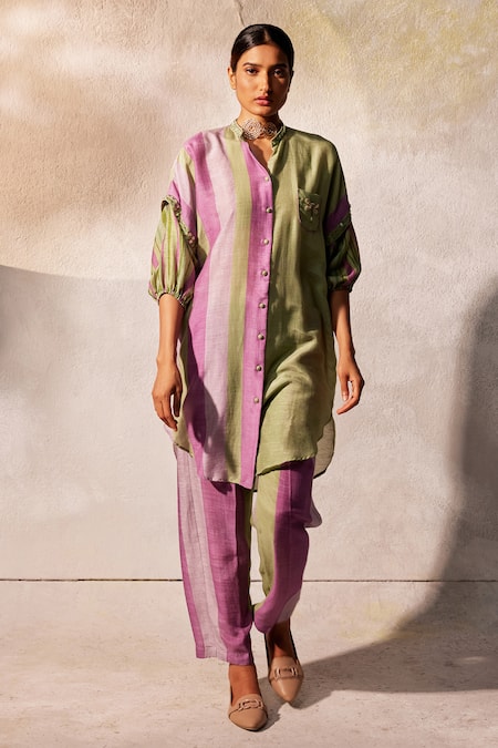 Basil Leaf Stripe Pattern Tunic & Pant Set 