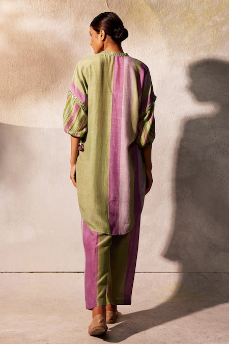Shop Basil Leaf Green Linen, Silk Mirrors, Embroidery Collared Stripe Pattern Tunic And Pant Set at Aza Fashions Shop_Basil Leaf_Green Linen, Silk Mirrors, Embroidery Collared Stripe Pattern Tunic And Pant Set_at_Aza_Fashions