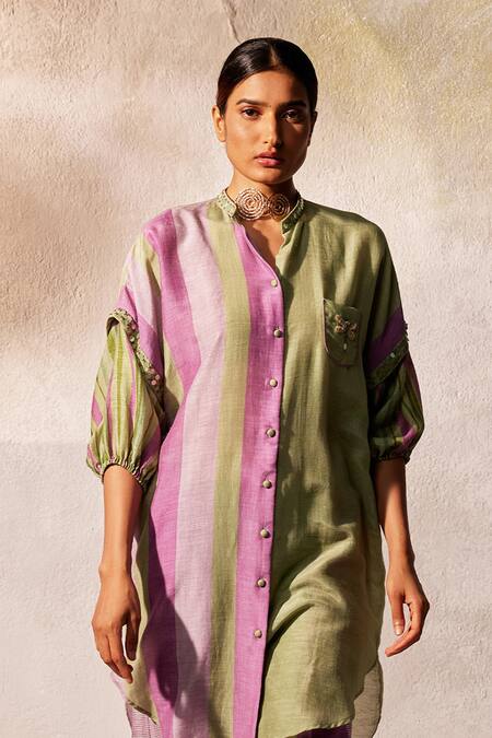 Basil Leaf Green Linen, Silk Mirrors, Embroidery Collared Stripe Pattern Tunic And Pant Set Online at Aza Fashions Basil Leaf_Green Linen, Silk Mirrors, Embroidery Collared Stripe Pattern Tunic And Pant Set_Online_at_Aza_Fashions