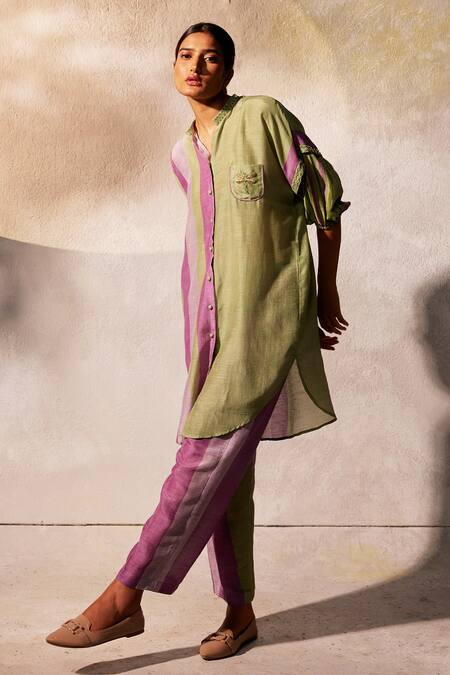 Buy Basil Leaf Green Linen, Silk Mirrors, Embroidery Collared Stripe Pattern Tunic And Pant Set Online at Aza Fashions Buy_Basil Leaf_Green Linen, Silk Mirrors, Embroidery Collared Stripe Pattern Tunic And Pant Set_Online_at_Aza_Fashions