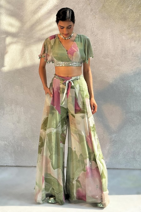 Basil Leaf Embroidered Crop Top & Flared Pant Set 