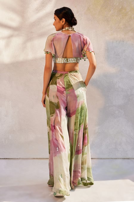 Basil Leaf_Green Chiffon Mirrors V-neck Embroidered Crop Top And Flared Pant Set _Online_at_Aza_Fashions