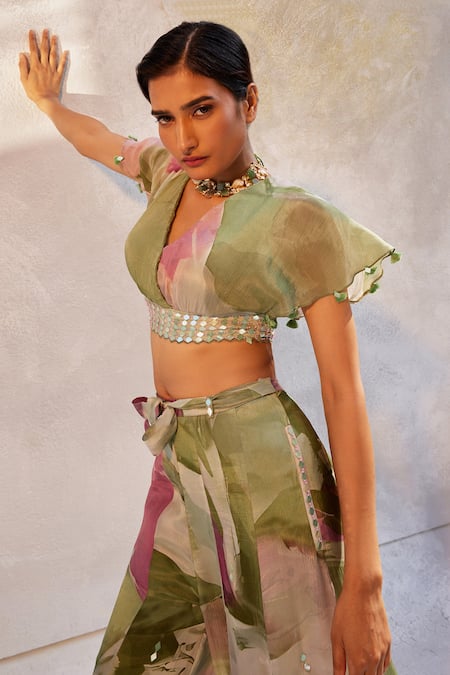 Buy_Basil Leaf_Green Chiffon Mirrors V-neck Embroidered Crop Top And Flared Pant Set _Online_at_Aza_Fashions