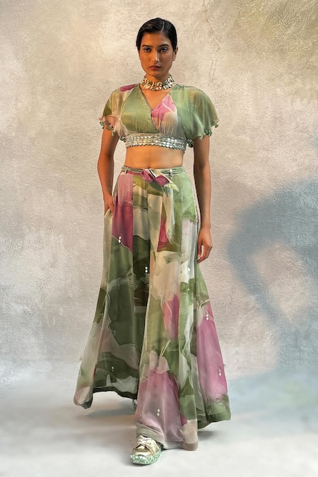 Shop_Basil Leaf_Green Chiffon Mirrors V-neck Embroidered Crop Top And Flared Pant Set _Online_at_Aza_Fashions