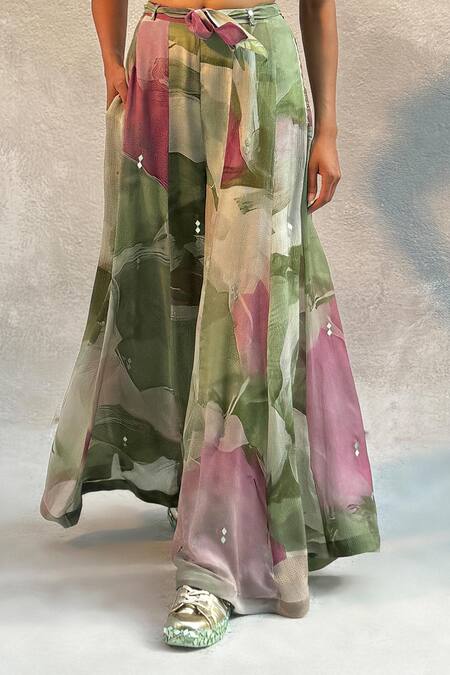 Basil Leaf_Green Chiffon Mirrors V-neck Embroidered Crop Top And Flared Pant Set _at_Aza_Fashions