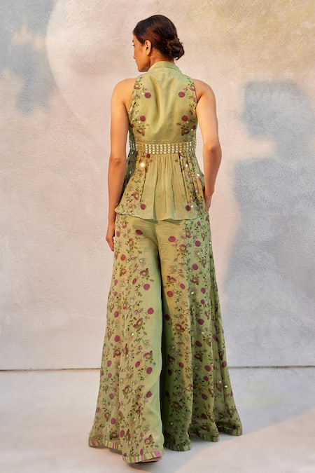 Shop Basil Leaf Green Chiffon Mirrors V-neck Floral Embroidered Peplum Top And Flared Pant Set at Aza Fashions Shop_Basil Leaf_Green Chiffon Mirrors V-neck Floral Embroidered Peplum Top And Flared Pant Set_at_Aza_Fashions