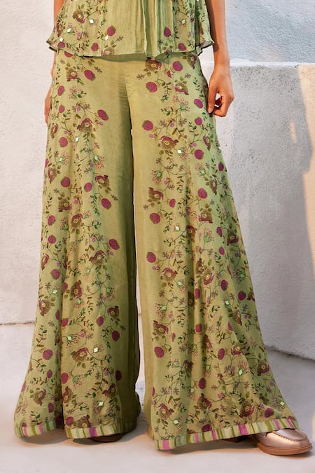 Basil Leaf Green Chiffon Mirrors V-neck Floral Embroidered Peplum Top And Flared Pant Set Online at Aza Fashions Basil Leaf_Green Chiffon Mirrors V-neck Floral Embroidered Peplum Top And Flared Pant Set_Online_at_Aza_Fashions