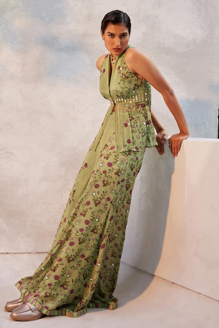 Buy Basil Leaf Green Chiffon Mirrors V-neck Floral Embroidered Peplum Top And Flared Pant Set Online at Aza Fashions Buy_Basil Leaf_Green Chiffon Mirrors V-neck Floral Embroidered Peplum Top And Flared Pant Set_Online_at_Aza_Fashions