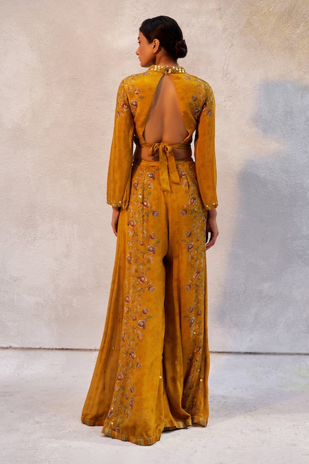 Shop Basil Leaf Yellow Chiffon Mirrors, Embroidery V-neck Crop Top And Flared Pant Set at Aza Fashions Shop_Basil Leaf_Yellow Chiffon Mirrors, Embroidery V-neck Crop Top And Flared Pant Set_at_Aza_Fashions