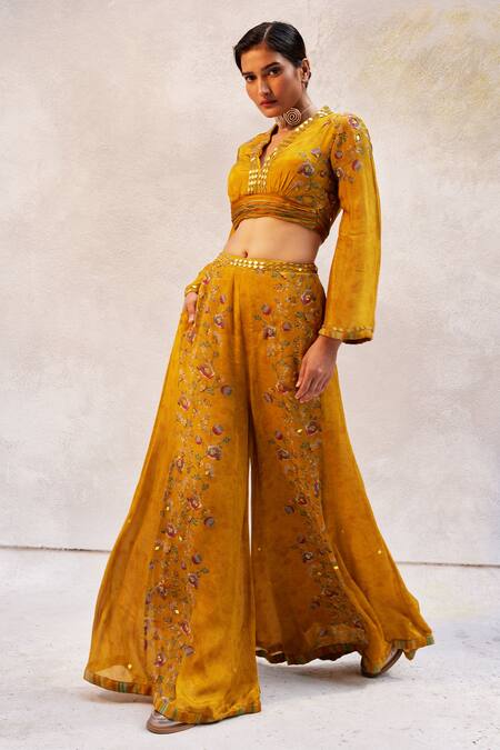 Basil Leaf Yellow Chiffon Mirrors, Embroidery V-neck Crop Top And Flared Pant Set Online at Aza Fashions Basil Leaf_Yellow Chiffon Mirrors, Embroidery V-neck Crop Top And Flared Pant Set_Online_at_Aza_Fashions