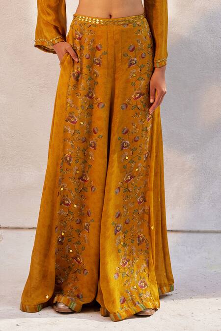 Buy Basil Leaf Yellow Chiffon Mirrors, Embroidery V-neck Crop Top And Flared Pant Set Online at Aza Fashions Buy_Basil Leaf_Yellow Chiffon Mirrors, Embroidery V-neck Crop Top And Flared Pant Set_Online_at_Aza_Fashions