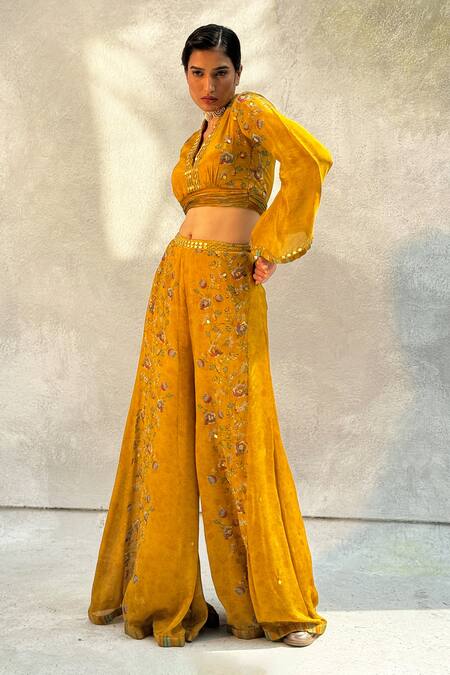 Buy Basil Leaf Yellow Chiffon Mirrors, Embroidery V-neck Crop Top And Flared Pant Set Buy_Basil Leaf_Yellow Chiffon Mirrors, Embroidery V-neck Crop Top And Flared Pant Set