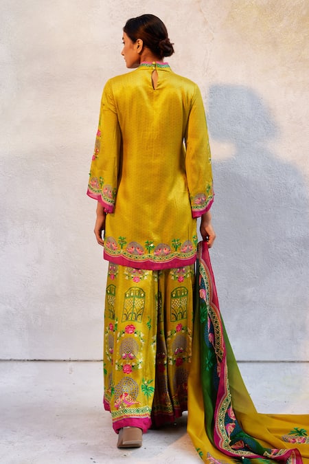 Basil Leaf_Yellow Gingham Embroidery, Beads, Mirrors Scoop Neck Kurta Sharara Set _Online_at_Aza_Fashions