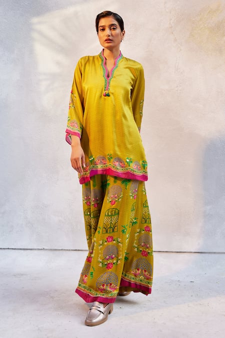 Buy_Basil Leaf_Yellow Gingham Embroidery, Beads, Mirrors Scoop Neck Kurta Sharara Set _Online_at_Aza_Fashions