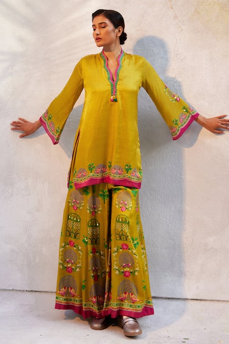 Shop_Basil Leaf_Yellow Gingham Embroidery, Beads, Mirrors Scoop Neck Kurta Sharara Set _Online_at_Aza_Fashions