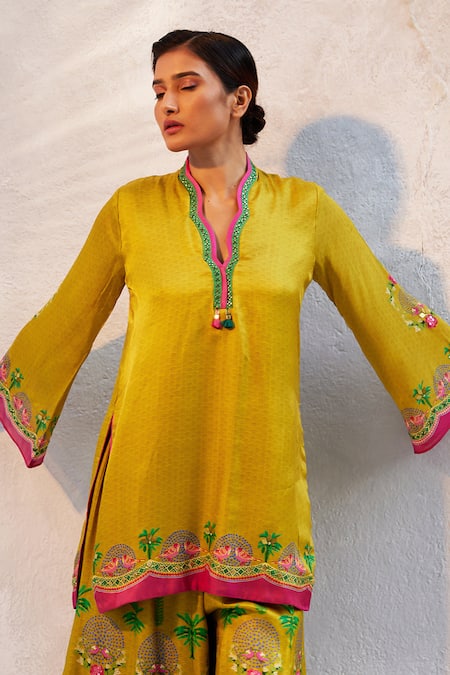 Basil Leaf_Yellow Gingham Embroidery, Beads, Mirrors Scoop Neck Kurta Sharara Set _at_Aza_Fashions