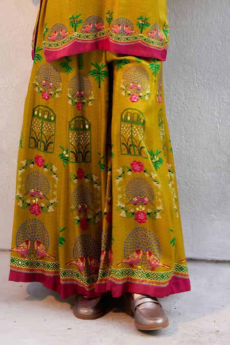 Buy_Basil Leaf_Yellow Gingham Embroidery, Beads, Mirrors Scoop Neck Kurta Sharara Set 