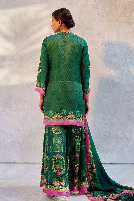 Shop Basil Leaf Green Satin, Gingham Embroidery V-neck Floral Print Kurta Set at Aza Fashions Shop_Basil Leaf_Green Satin, Gingham Embroidery V-neck Floral Print Kurta Set_at_Aza_Fashions