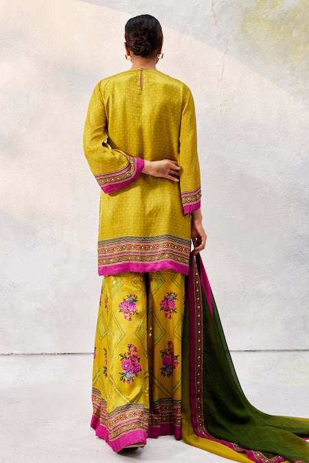 Shop Basil Leaf Yellow Gingham Embroidery, Mirrors Scoop Neck Neckline Kurta Sharara Set at Aza Fashions Shop_Basil Leaf_Yellow Gingham Embroidery, Mirrors Scoop Neck Neckline Kurta Sharara Set_at_Aza_Fashions