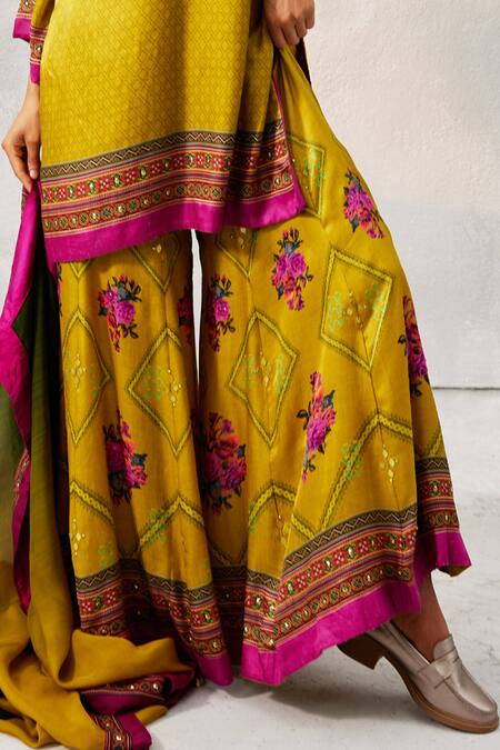 Basil Leaf Yellow Gingham Embroidery, Mirrors Scoop Neck Neckline Kurta Sharara Set Online at Aza Fashions Basil Leaf_Yellow Gingham Embroidery, Mirrors Scoop Neck Neckline Kurta Sharara Set_Online_at_Aza_Fashions