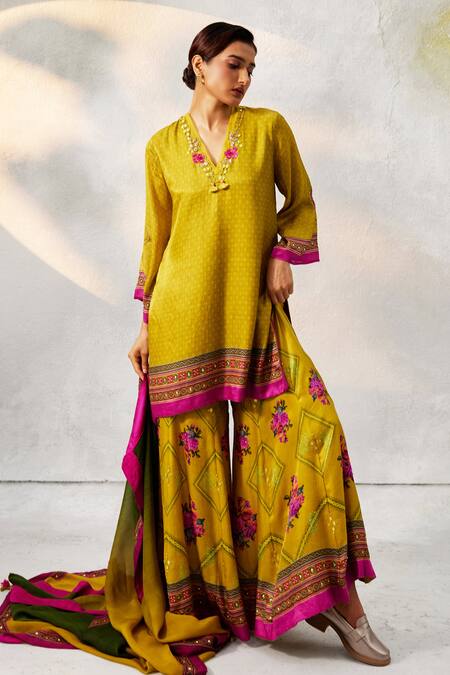 Buy Basil Leaf Yellow Gingham Embroidery, Mirrors Scoop Neck Neckline Kurta Sharara Set Online at Aza Fashions Buy_Basil Leaf_Yellow Gingham Embroidery, Mirrors Scoop Neck Neckline Kurta Sharara Set_Online_at_Aza_Fashions