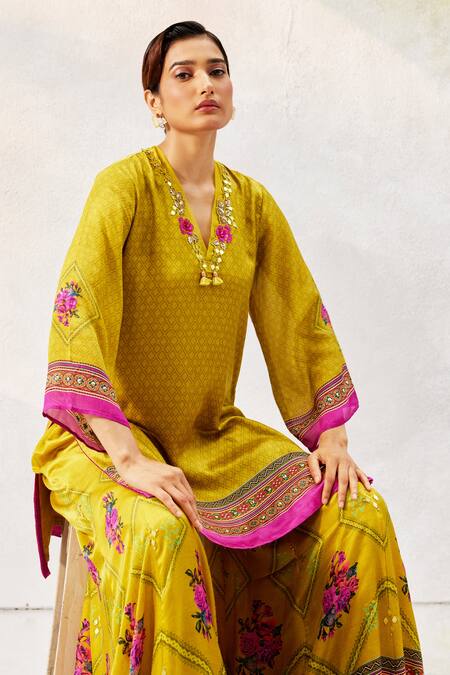 Basil Leaf Yellow Gingham Embroidery, Mirrors Scoop Neck Neckline Kurta Sharara Set at Aza Fashions Basil Leaf_Yellow Gingham Embroidery, Mirrors Scoop Neck Neckline Kurta Sharara Set_at_Aza_Fashions