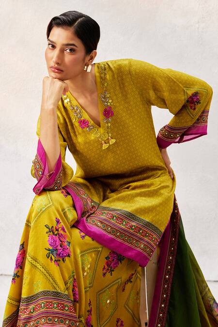 Buy Basil Leaf Yellow Gingham Embroidery, Mirrors Scoop Neck Neckline Kurta Sharara Set Buy_Basil Leaf_Yellow Gingham Embroidery, Mirrors Scoop Neck Neckline Kurta Sharara Set