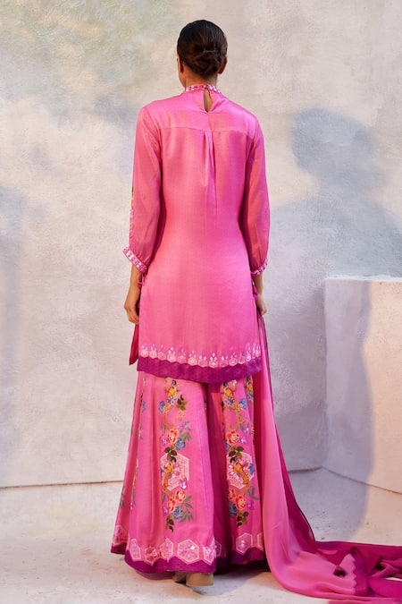 Basil Leaf Pink Gingham, Gabardine Embroidery, Mirrors V-neck Floral Print Kurta Set Online at Aza Fashions Basil Leaf_Pink Gingham, Gabardine Embroidery, Mirrors V-neck Floral Print Kurta Set _Online_at_Aza_Fashions