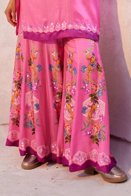 Shop Basil Leaf Pink Gingham, Gabardine Embroidery, Mirrors V-neck Floral Print Kurta Set Online at Aza Fashions Shop_Basil Leaf_Pink Gingham, Gabardine Embroidery, Mirrors V-neck Floral Print Kurta Set _Online_at_Aza_Fashions