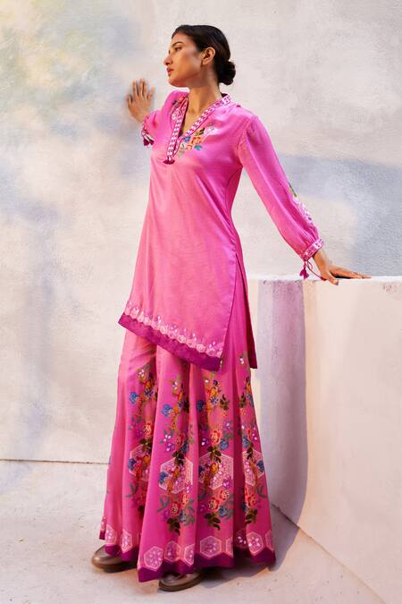 Buy Basil Leaf Pink Gingham, Gabardine Embroidery, Mirrors V-neck Floral Print Kurta Set Buy_Basil Leaf_Pink Gingham, Gabardine Embroidery, Mirrors V-neck Floral Print Kurta Set